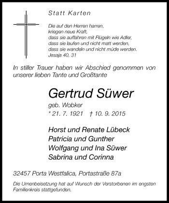 Traueranzeige von Gertrud Süwer