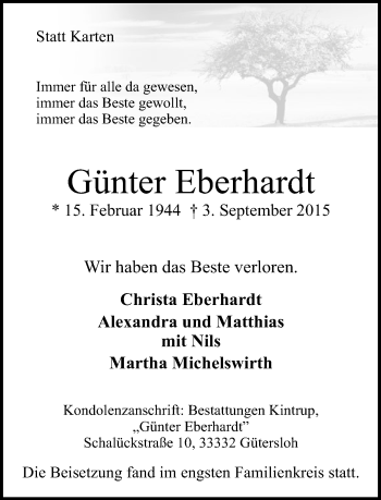 Traueranzeige von Günter Eberhardt von Neue Westfälische