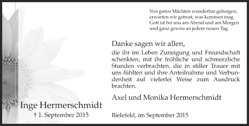  Traueranzeige für Inge Hammerschmidt vom 29.09.2015 aus Neue Westfälische