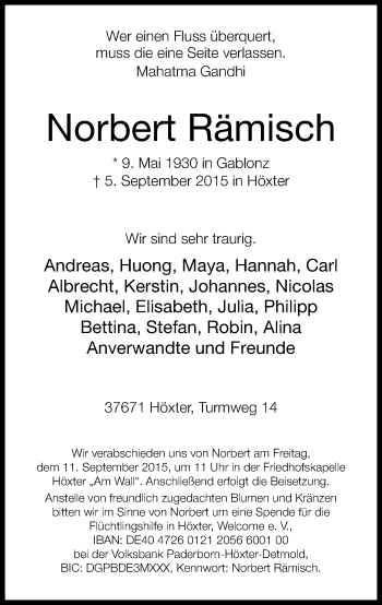 Traueranzeige von Norbert Rämisch von Neue Westfälische