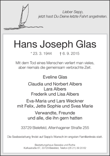 Traueranzeige von Hans Joseph Glas von Neue Westfälische