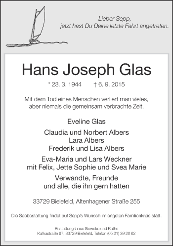 Traueranzeige von Hans Joseph Glas