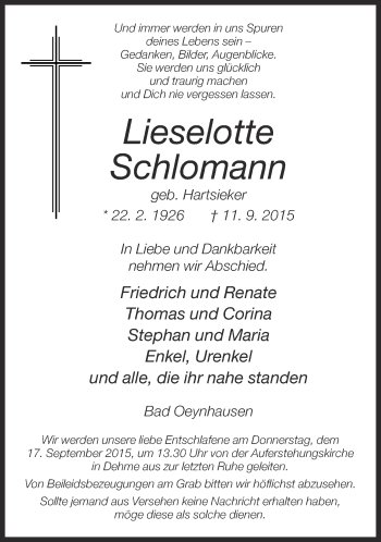 Traueranzeige von Lieselotte Schlomann