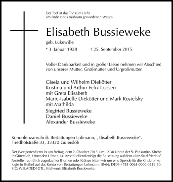Traueranzeige von Elisabeth Bussieweke von Neue Westfälische