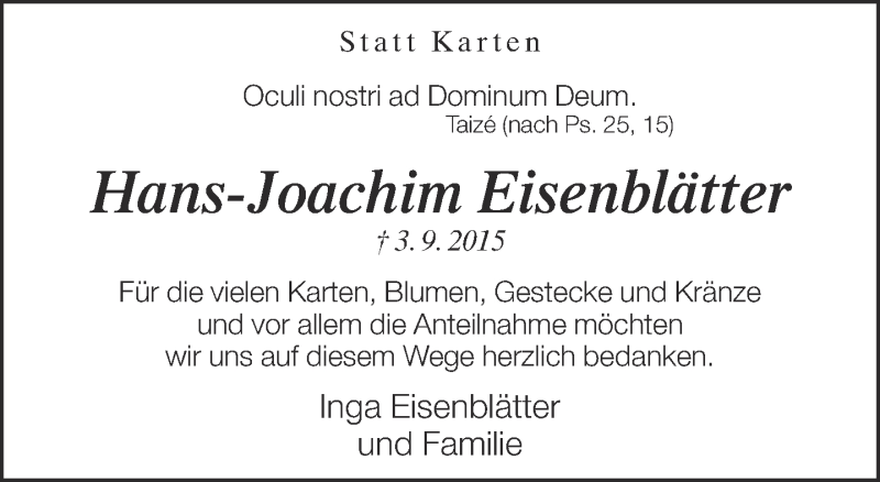  Traueranzeige für Hans-Joachim Eisenblätter vom 30.09.2015 aus Neue Westfälische