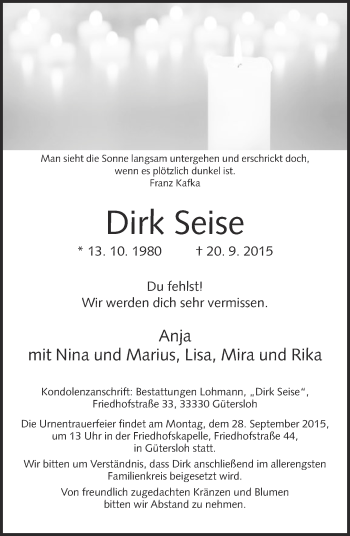 Traueranzeige von Dirk Seise von Neue Westfälische