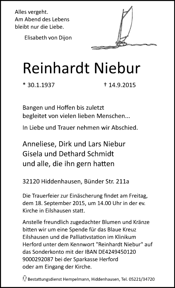  Traueranzeige für Reinhardt Niebur vom 15.09.2015 aus Neue Westfälische