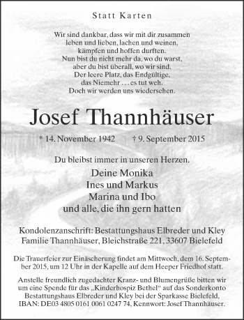 Traueranzeige von Josef Thannhäuser von Neue Westfälische