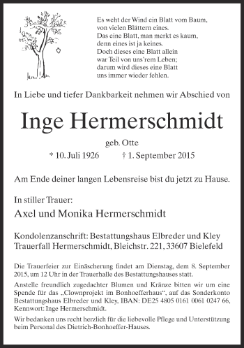 Traueranzeige von Inge Hermerschmidt von Neue Westfälische