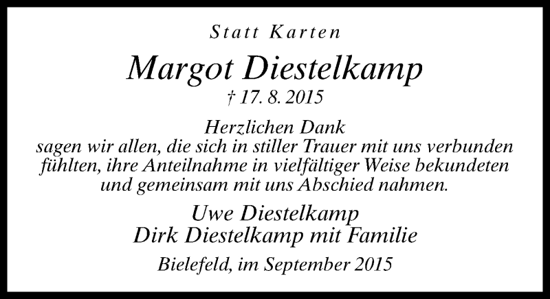  Traueranzeige für Margot Diestelkamp vom 19.09.2015 aus Neue Westfälische