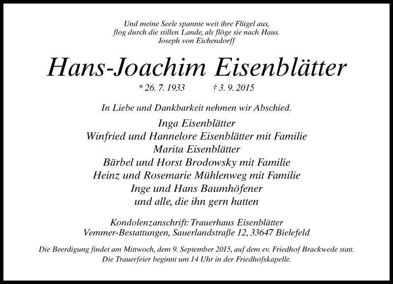  Traueranzeige für Hans-Joachim Eisenblätter vom 08.09.2015 aus Neue Westfälische