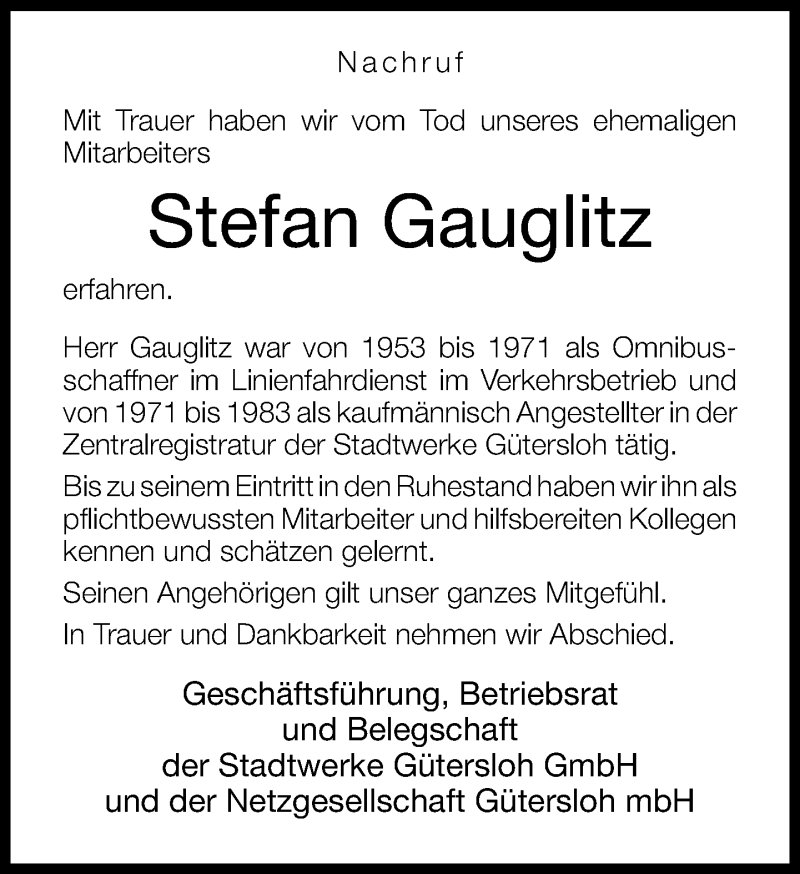  Traueranzeige für Stefan Gauglitz vom 09.09.2015 aus Neue Westfälische