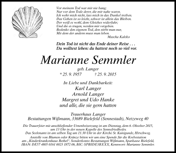 Traueranzeige von Marianne Semmler von Neue Westfälische