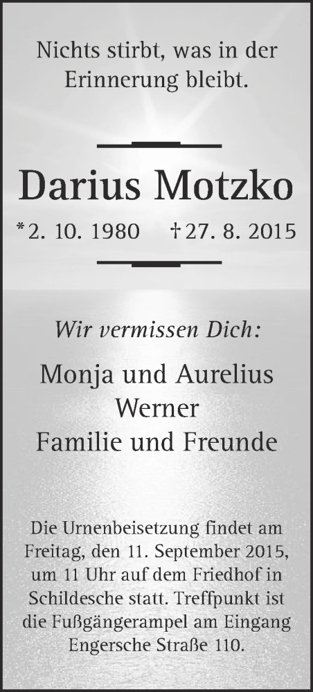  Traueranzeige für Darius Motzko vom 05.09.2015 aus Neue Westfälische