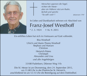 Traueranzeige von Franz-Josef Westhoff von Neue Westfälische