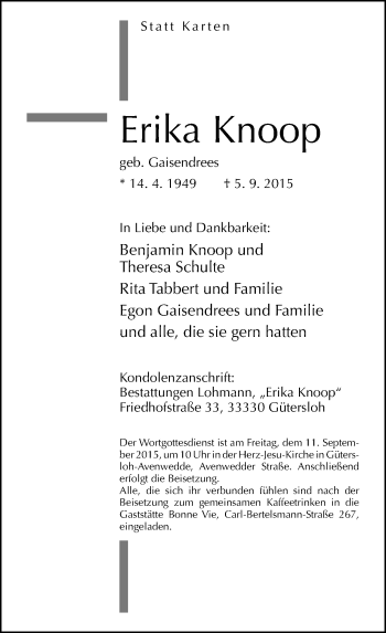 Traueranzeige von Erika Knoop