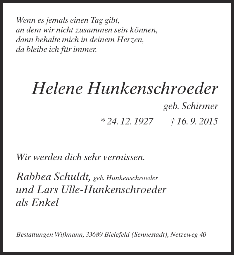  Traueranzeige für Helene Hunkenschroeder vom 19.09.2015 aus Neue Westfälische