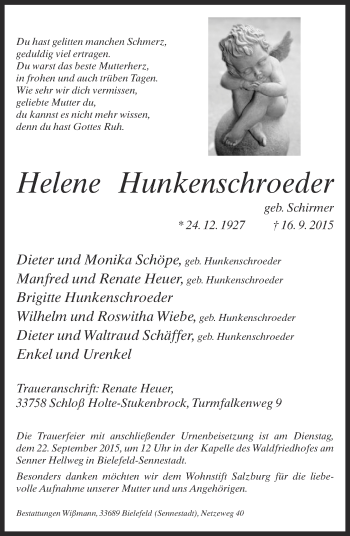 Traueranzeige von Helene Hunkenschroeder von Neue Westfälische