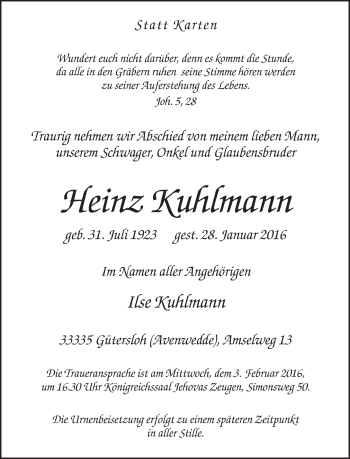 Traueranzeige von Heinz Kuhlmann von Neue Westfälische