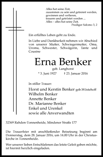 Traueranzeige von Erna Benker von Neue Westfälische