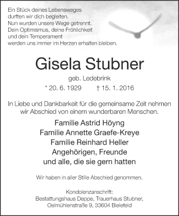 Traueranzeige von Gisela Stubner von Neue Westfälische