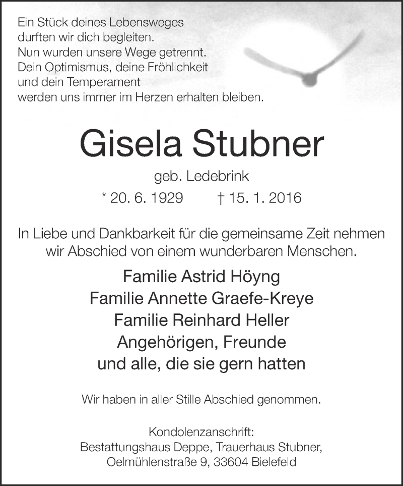  Traueranzeige für Gisela Stubner vom 23.01.2016 aus Neue Westfälische