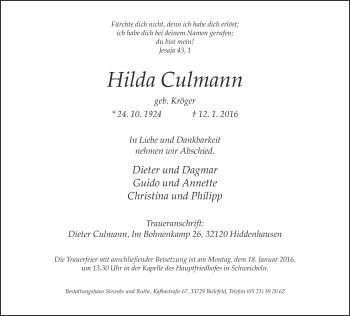 Traueranzeige von Hilda Culmann