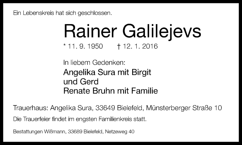  Traueranzeige für Rainer Galilejevs vom 16.01.2016 aus Neue Westfälische