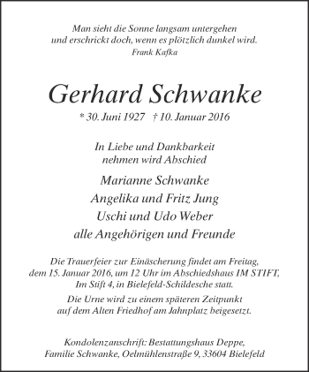 Traueranzeige von Gerhard Schwanke von Neue Westfälische