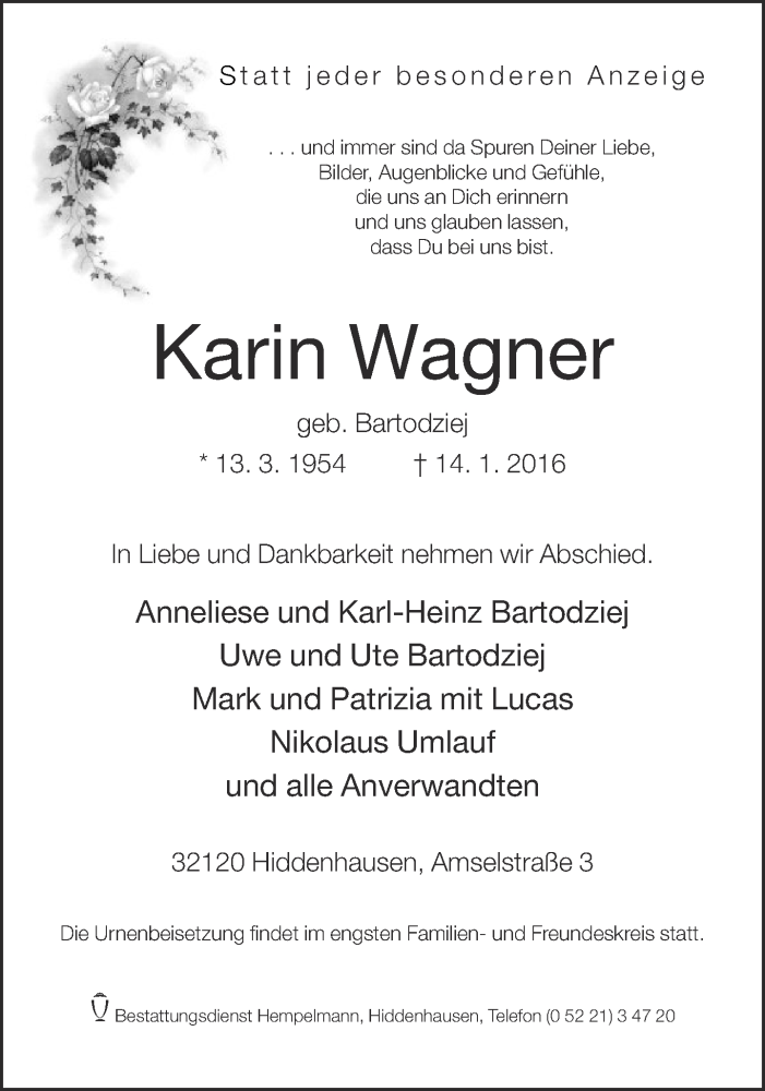  Traueranzeige für Karin Wagner vom 16.01.2016 aus Neue Westfälische