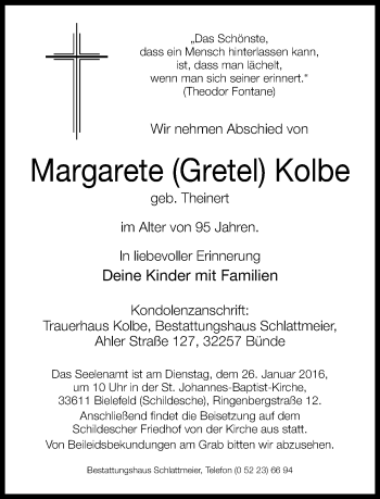 Traueranzeige von Margarete Kolbe von Neue Westfälische