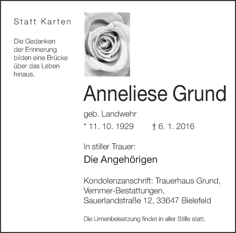  Traueranzeige für Anneliese Grund vom 09.01.2016 aus Neue Westfälische