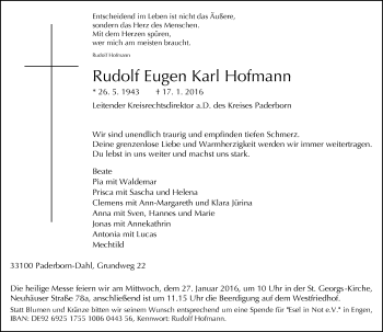 Traueranzeige von Rudolf Eugen Karl Hofmann von Neue Westfälische