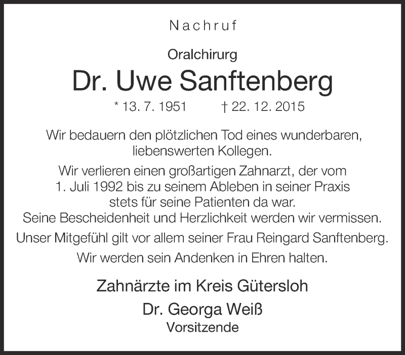  Traueranzeige für Uwe Sanftenberg vom 09.01.2016 aus Neue Westfälische