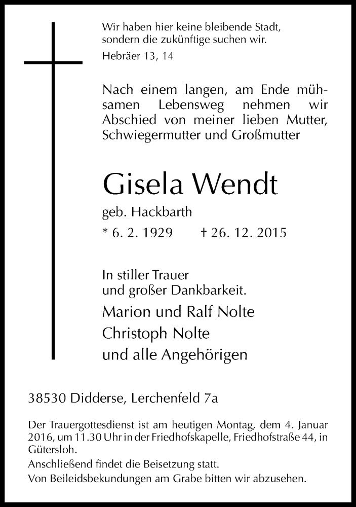  Traueranzeige für Gisela Wendt vom 04.01.2016 aus Neue Westfälische