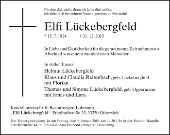 Traueranzeige von Elfi Lückebergfeld von Neue Westfälische