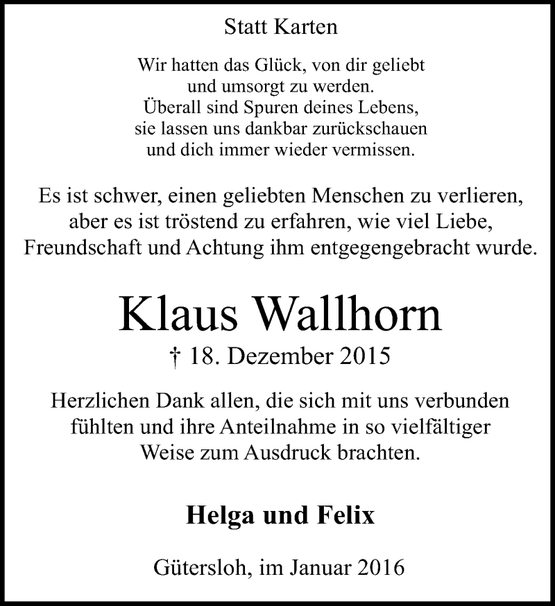  Traueranzeige für Klaus Wallhorn vom 09.01.2016 aus Neue Westfälische