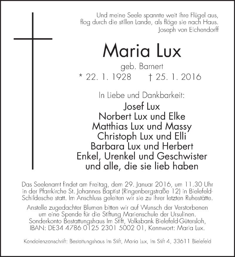  Traueranzeige für Maria Lux vom 27.01.2016 aus Neue Westfälische