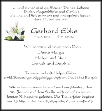 Traueranzeige von Gerhard Ebke von Neue Westfälische