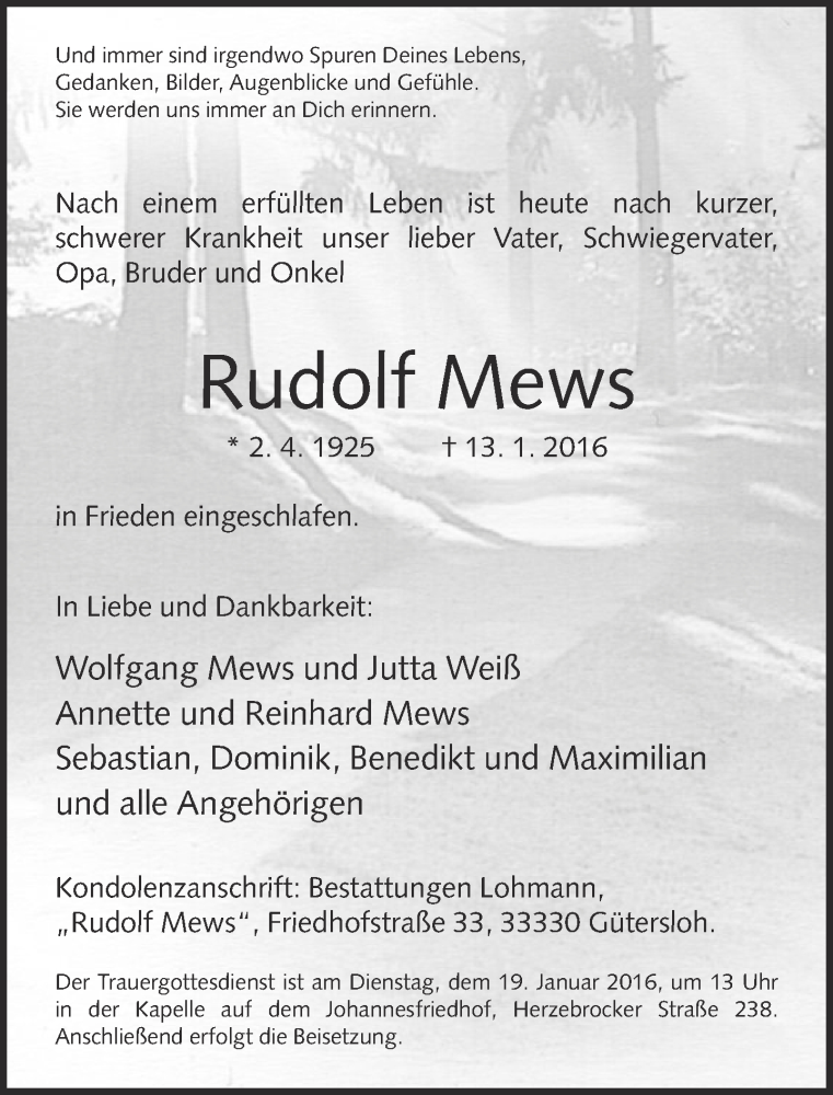  Traueranzeige für Rudolf Mews vom 16.01.2016 aus Neue Westfälische