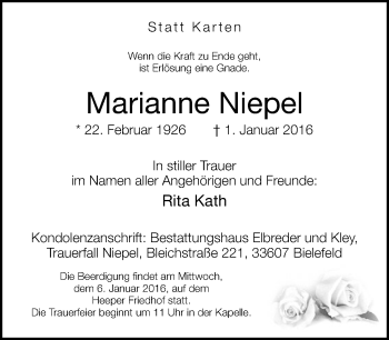 Traueranzeige von Marianne Niepel von Neue Westfälische