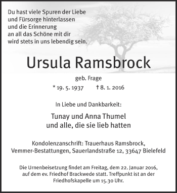 Traueranzeige von Ursula Ramsbrock von Neue Westfälische