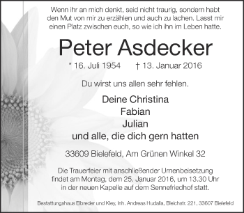 Traueranzeige von Peter Asdecker von Neue Westfälische