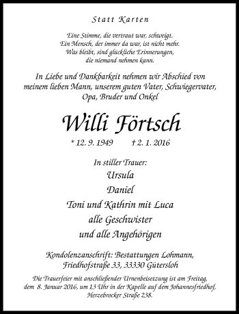 Traueranzeige von Willi Förtsch von Neue Westfälische