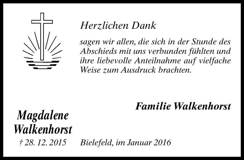  Traueranzeige für Magdalene Walkenhorst vom 16.01.2016 aus Neue Westfälische