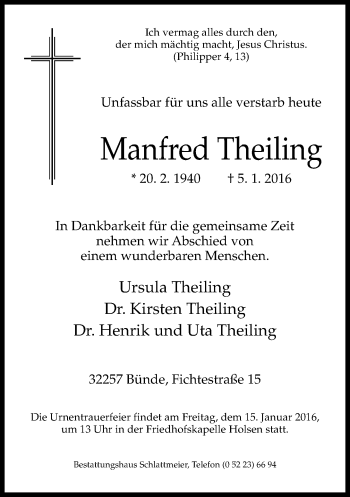 Traueranzeige von Manfred Theiling von Neue Westfälische