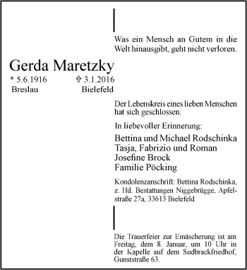 Traueranzeige von Gerda Maretzky von Neue Westfälische