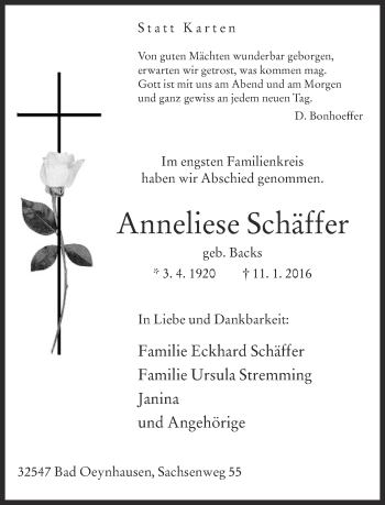 Traueranzeige von Anneliese Schäffer von Neue Westfälische