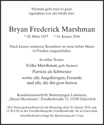 Traueranzeige von Bryan Frederick Marshman von Neue Westfälische