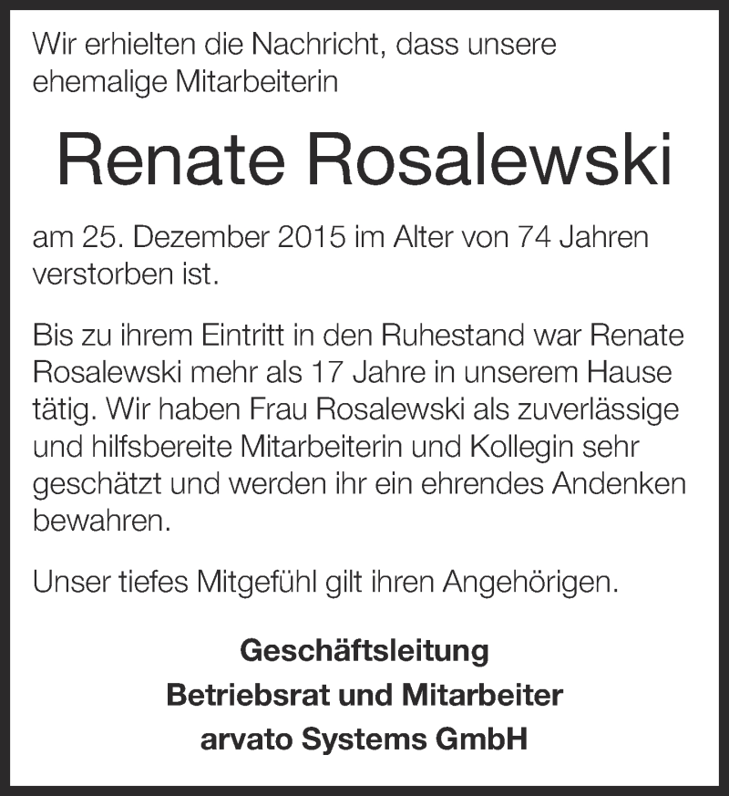  Traueranzeige für Renate Rosalewski vom 06.01.2016 aus Neue Westfälische